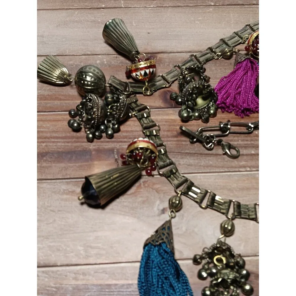 Belt Asian Inspired Brass Dangle Bobble Charms & Tassels Hari Krishna Style 34" - Picture 5 of 9